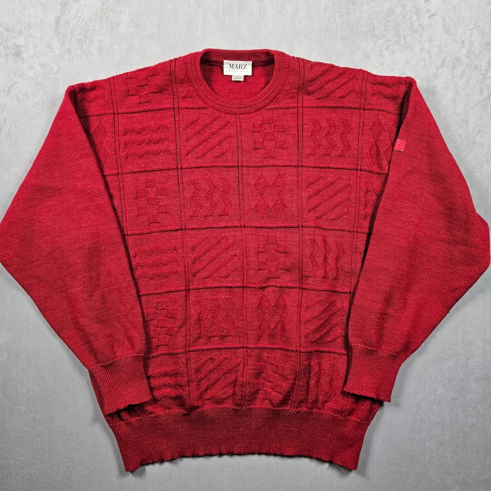 Vintage Marz München Sweater Mens Large Red 100% Wool Textured Knit Crewneck